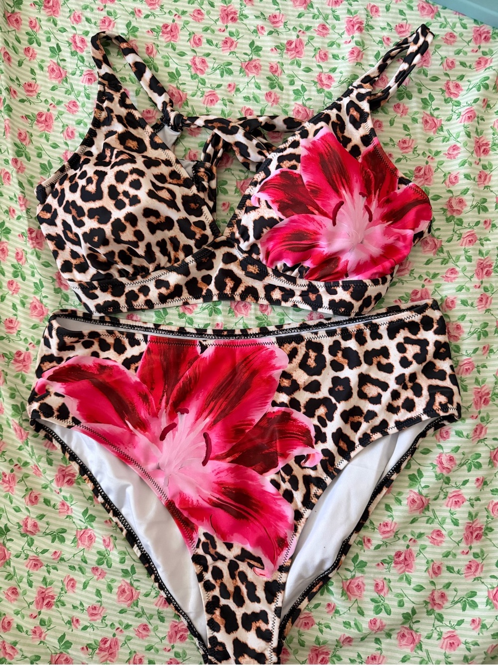 Cheetah Print & Pink Floral Two-Piece Swimsuit